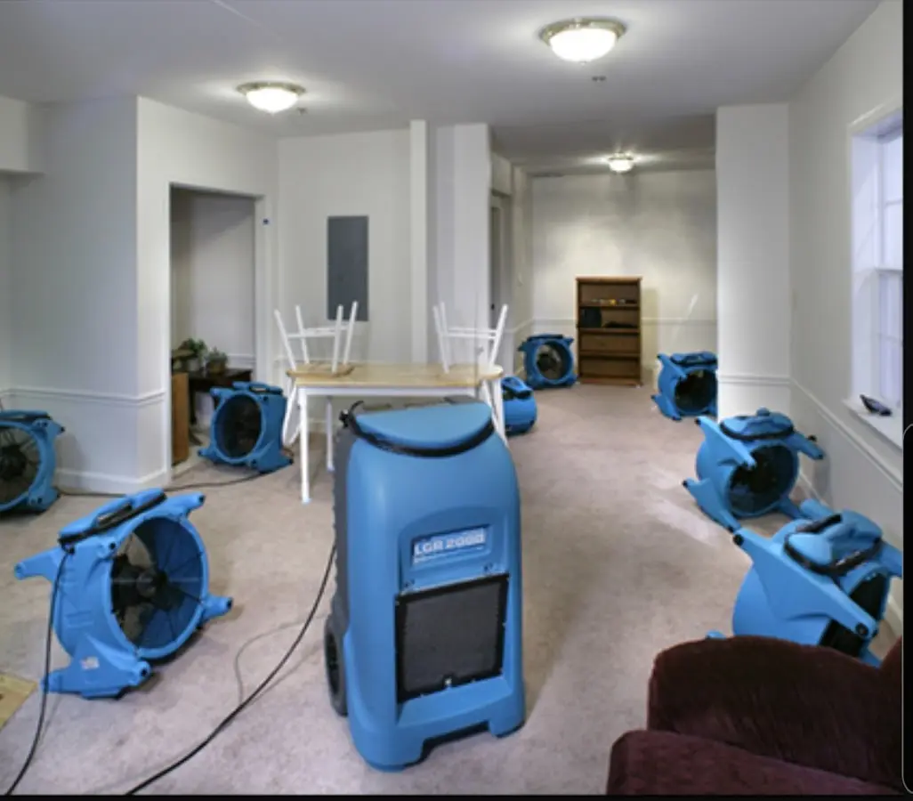 Air movers and dehumidifier setup for Water Extraction & Removal in Swanton